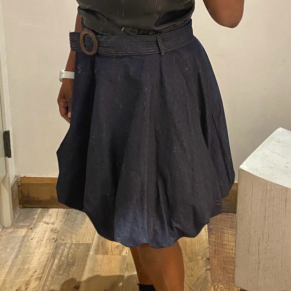 Anthropologie Forever That Girl Elegant Navy Blue Jean Bubble Skirt with Pleats